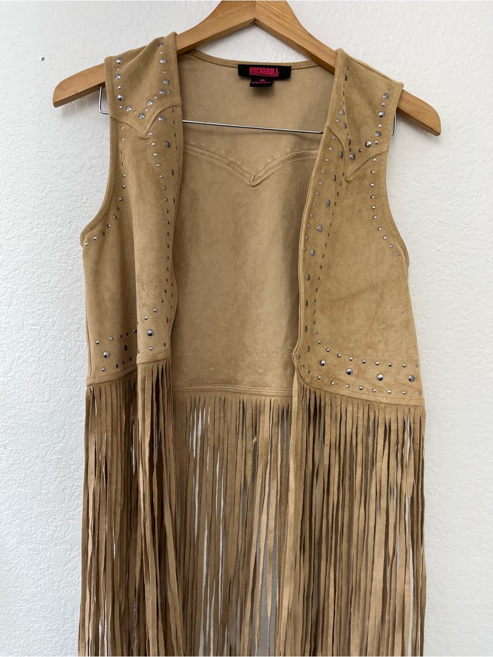 Rock & Roll Cowgirl Tan Suede Fringe Vest with Stud Accents